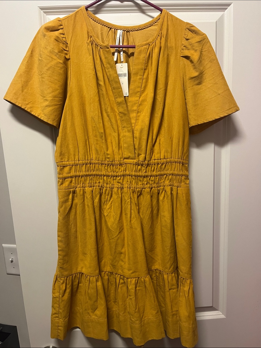 Anthropologie Mustard Tiered V-Neck Short Sleeve Dress